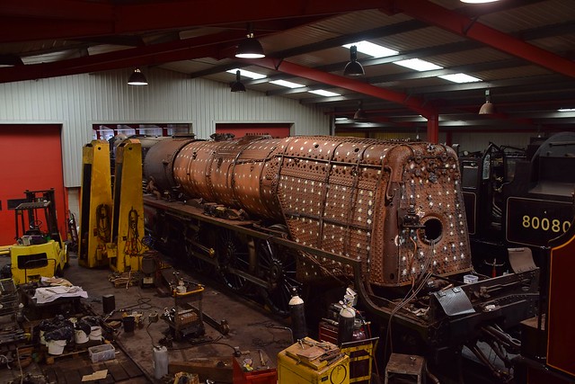 Locomotive 46233 Duchess of Sutherland, undergoing maintenance at the West Shed, Midland Railway Centre. 07 05 2018