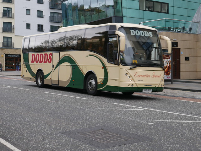 Dodds Coaches of Troon Volvo B12B Jonckheere Mistral YXD507, formerly CC06DOT, at Holyrood Road, Edinburgh, on 3 May 2018.