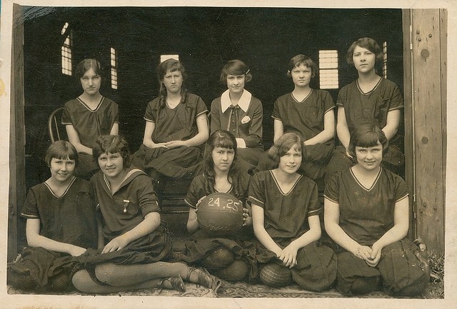 1920s school girls pose with ball