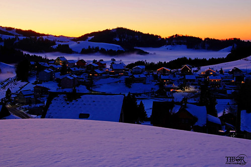 switzerland schwellbrunn snow appenzell alps sunset mist valley