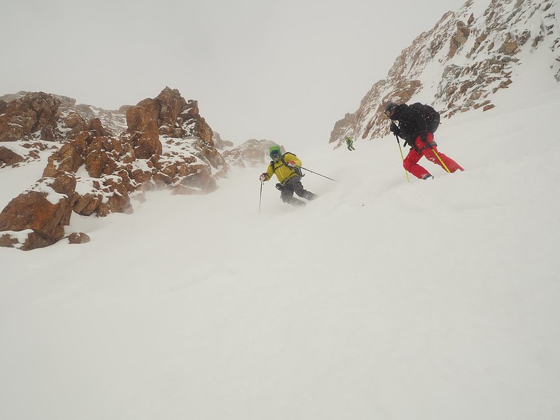 Challenging stuff: This is perfect couloir skiing on about 35 degrees in feisty weather.  Skiers: Ray Allwood, Mark Howard, Paul Spelling