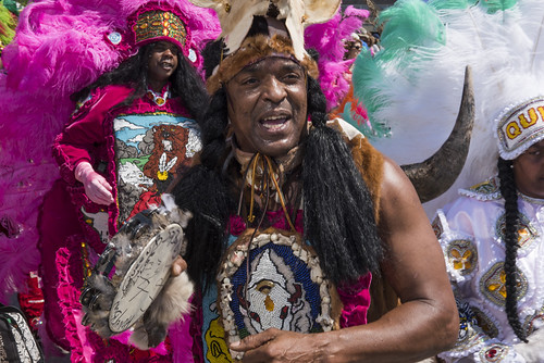 Wild Man Melvin walking with Golden Sioux during Jazz Fest day 1 on April 27, 2018. Photo by Ryan Hodgson-Rigsbee RHRphoto.com