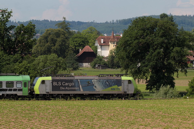 BLS Lötschbergbahn Cargo Lokomotive Baureihe Re 485 012 - 9 mit  ROLA SIM Güterzug 43608 N.ovara B.oschetto - F.reib.urg B.reisgau G.bf ( 464 m - 1`135 t ) bei Ostermundigen im Kanton Bern der Schweiz