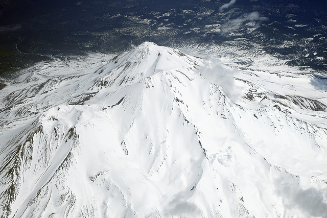 Aerial view of Mount Shasta and Shastina, Siskiyou County, California