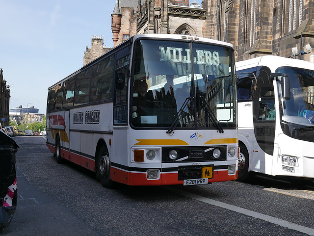 Miller's Coaches of Airdrie Volvo B10M-61 Van Hool Alizee T8 E281RRP at Johnston Terrace, Edinburgh, on 17 May 2018.