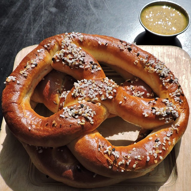 'Everything' pretzels; beer mustard