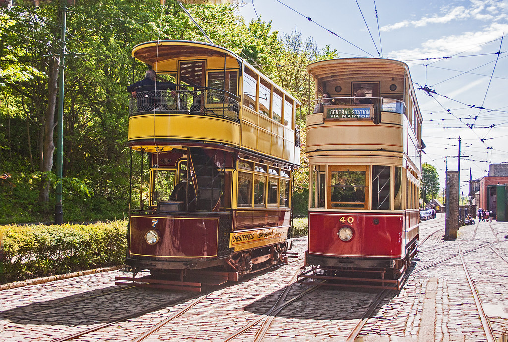Blackpool Tramway No.40 passing Chesterfield Corporation No.7 at Crich Tramway Museum, Derbyshire on 13May2018.