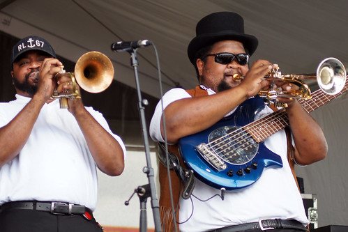 Pinstripe Brass Band  on Day 5 of Jazz Fest - May 4, 2018. Photo by Bill Sasser.