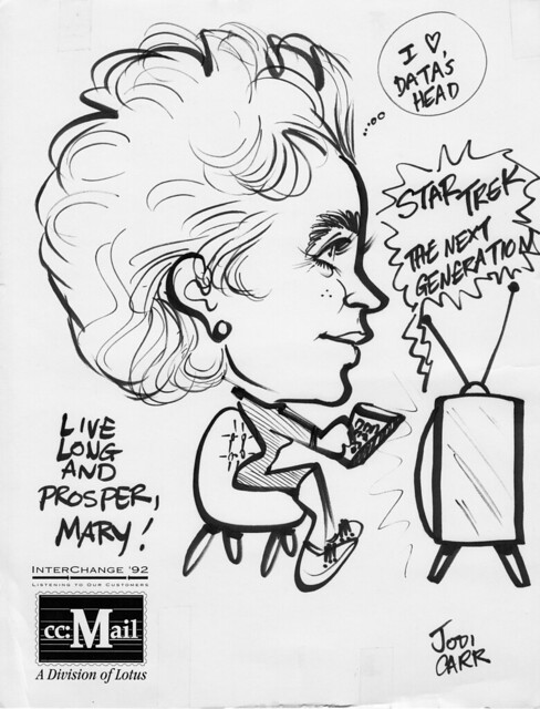 Caricature of Mary Harrsch in 1992 by Jody Carr at a ccMail conference in San Francisco